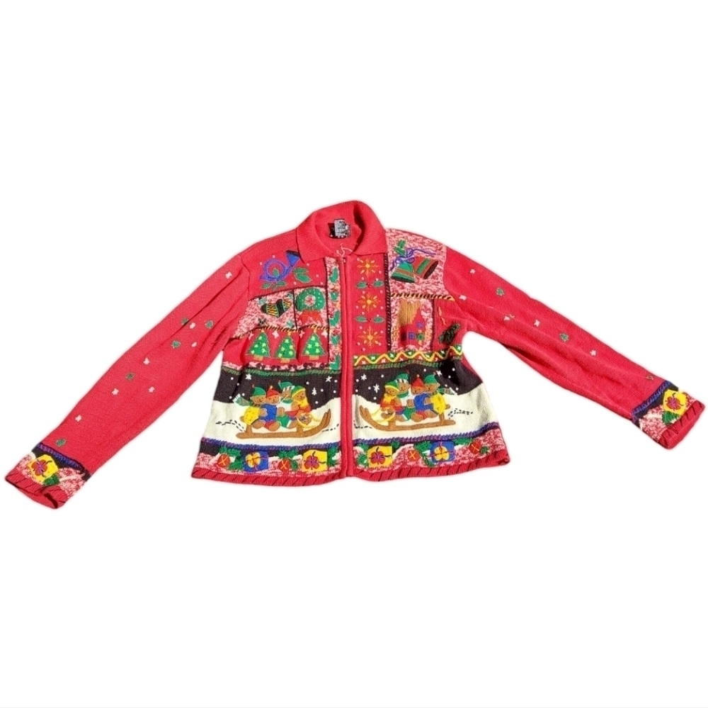 Ugly Christmas Sweater Studio Ho Ho Ho Embroidered Teddy Bears Holiday Cardigan